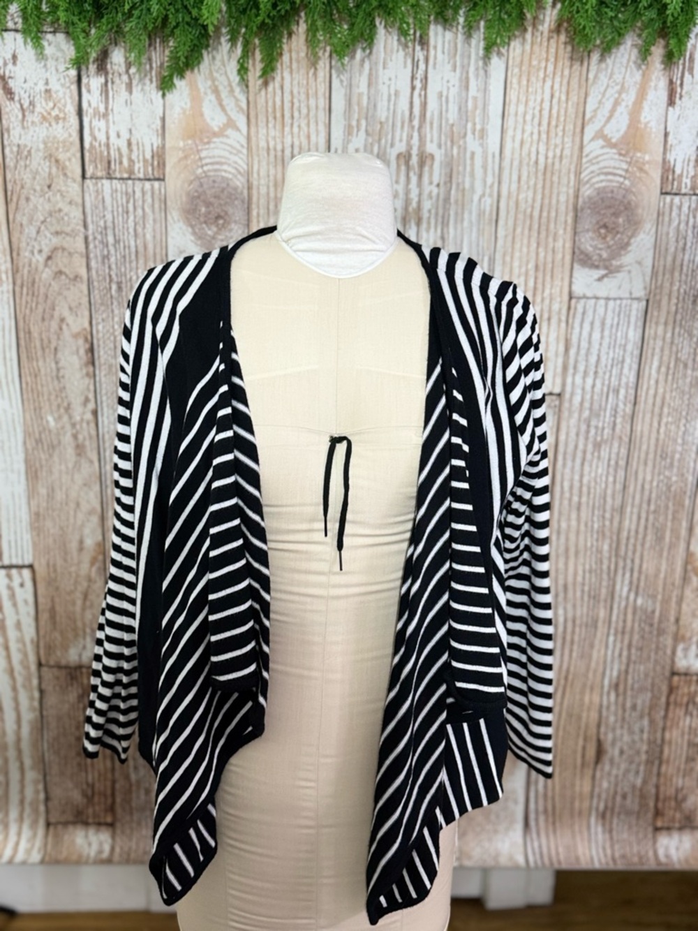 Black & White Striped Open-Front Women's Sweater Cardigan